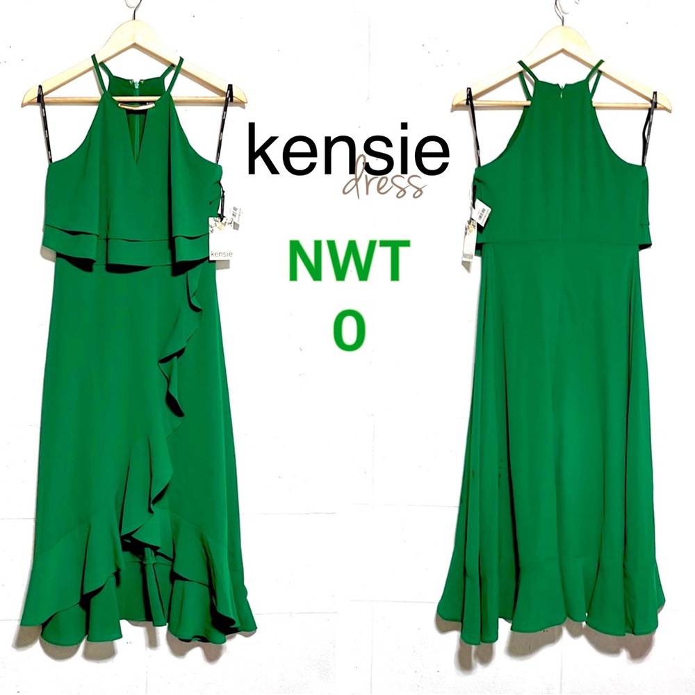 NWT kensie dress emerald green gold hardware choker halter flounce